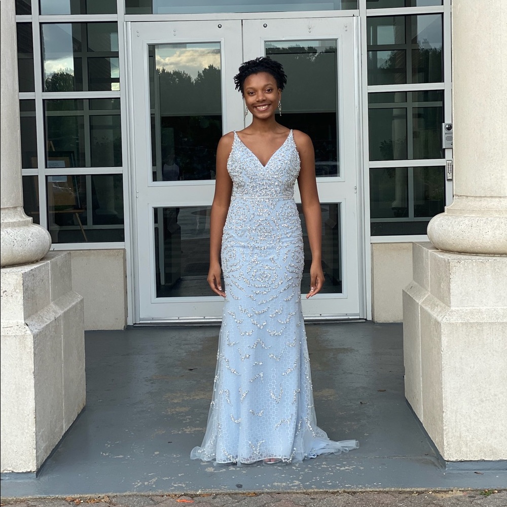 sparkly light blue prom dress